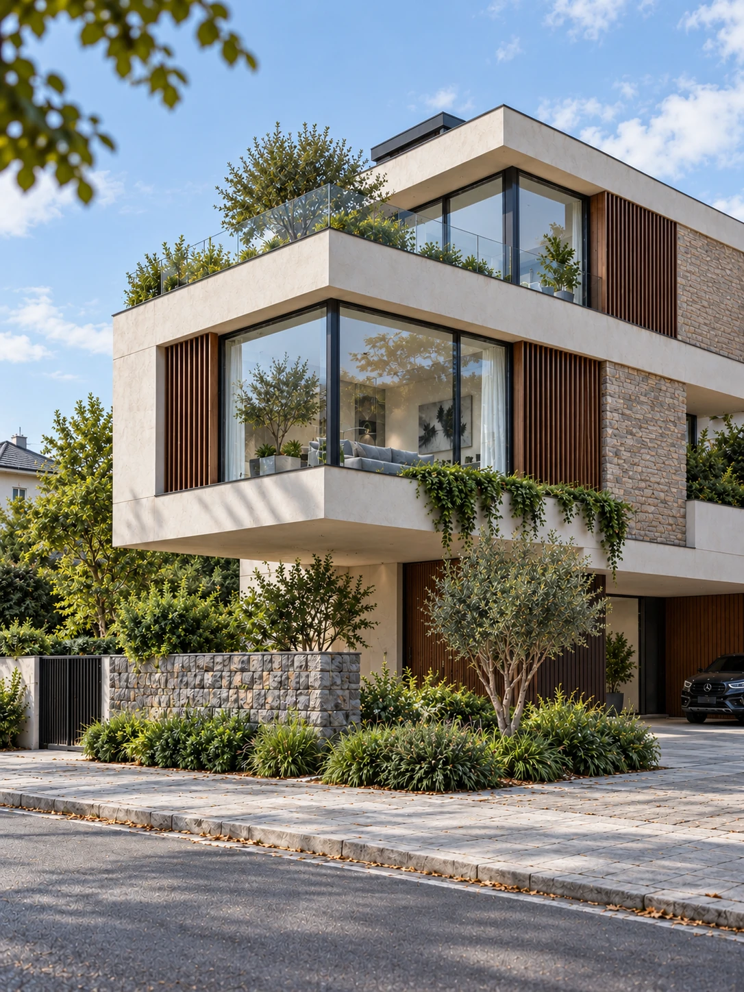 Aussenvisualisierung einer modernen Luxusvilla bei Tageslicht